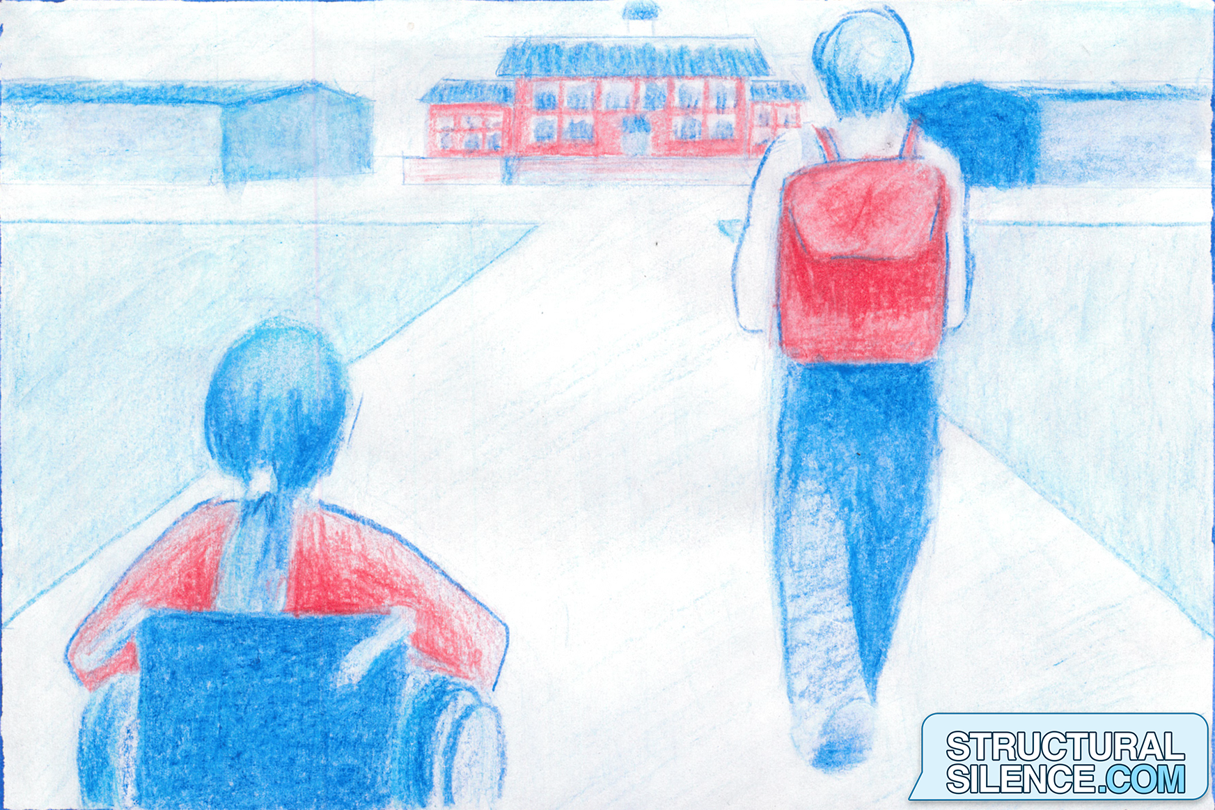Two characters are approaching a school building. One character is in a wheelchair, and the other is on foot. 