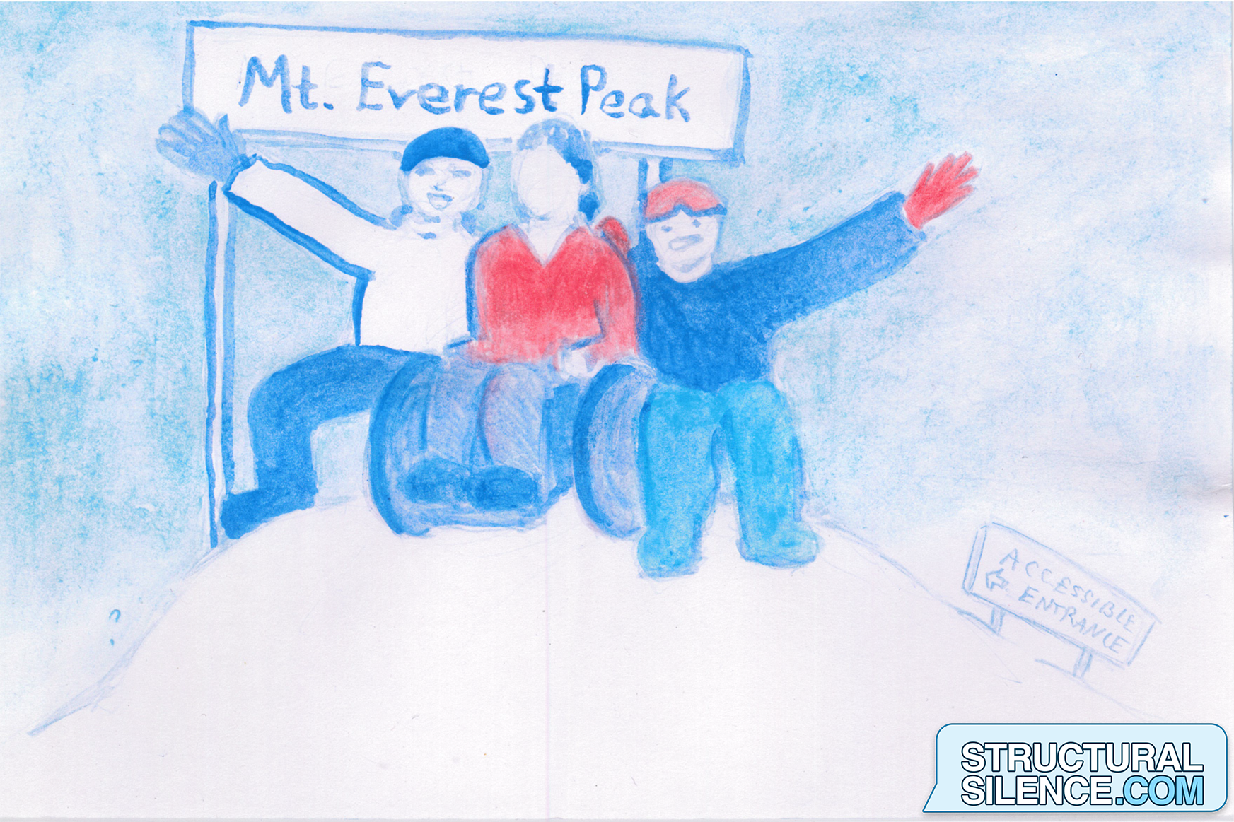 The wheelchaired character is at the peak of Mount Everest, surrounded by two hikers posing for a picture. There is an "accessible entrance" sign along the trail behind the character.