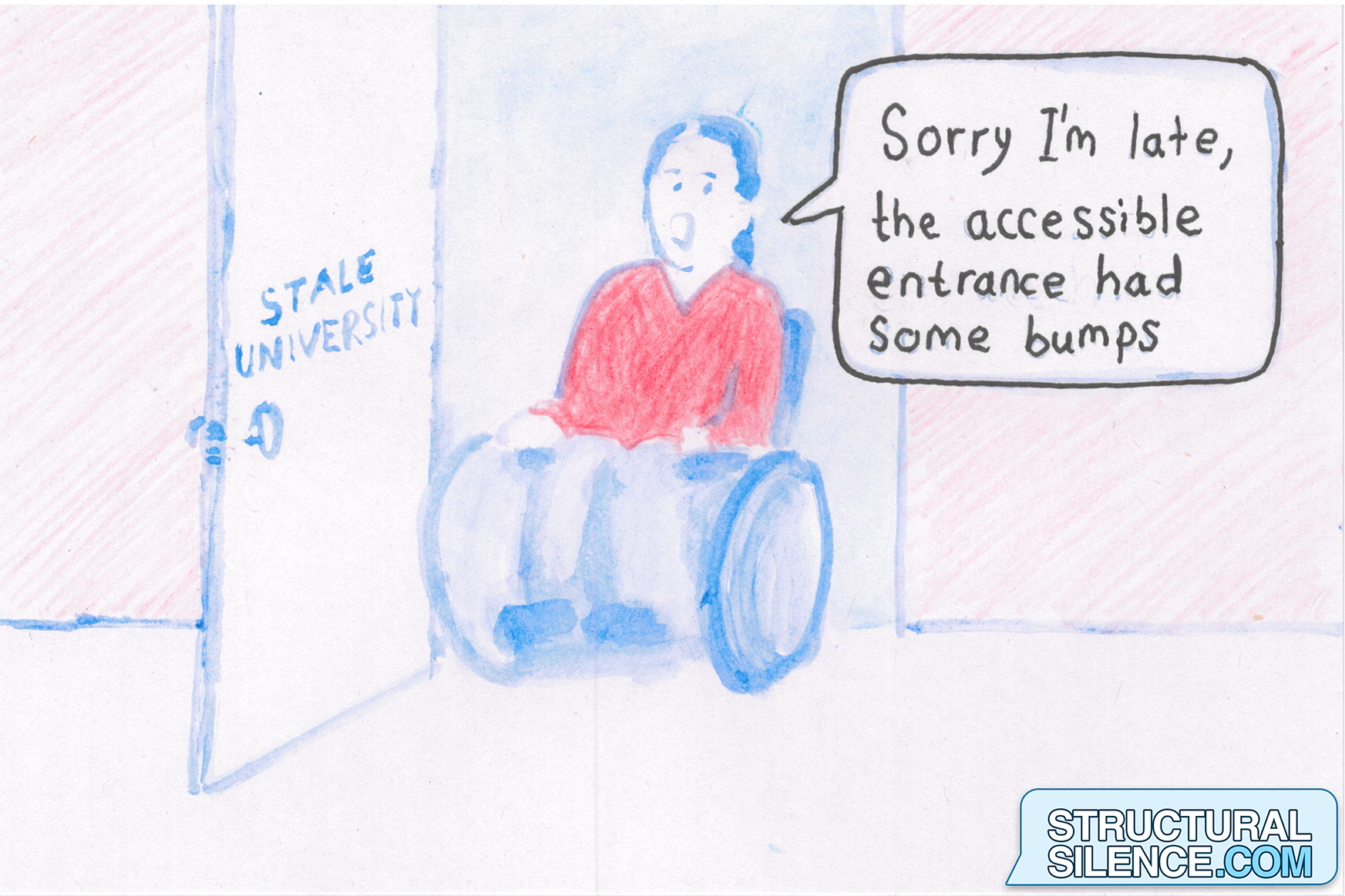 The viewpoint is from inside the classroom as the wheelchaired character enters through the door. The wheelchaired character says, "Sorry I'm late, the accessible entrance had some bumps."